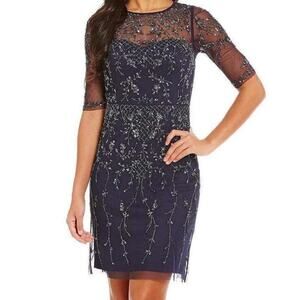 New Adrianna Papell Blue Beaded Illusion Short Sheath Dress Embellished Size 4